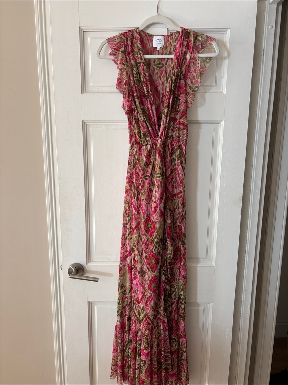 Misa Los Angeles Pink and Olive Floral Ruffle Maxi Dress
